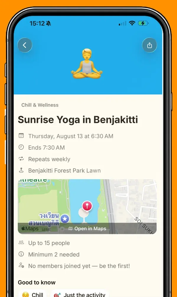 An activity page for Sunrise Yoga in Benjakitti, showing time, place and group size.