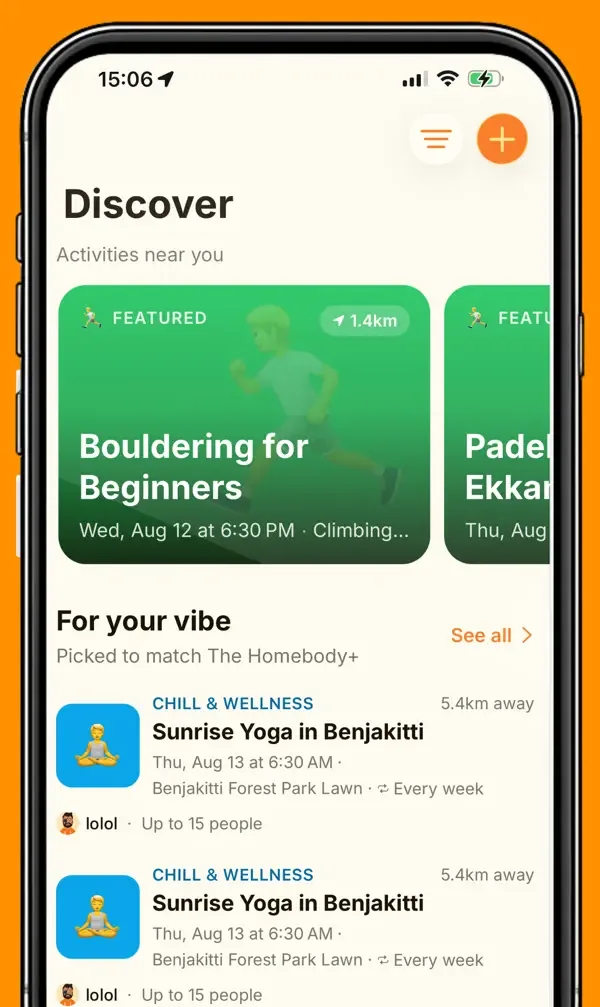 The Discover tab listing nearby activities with distance, time and host.