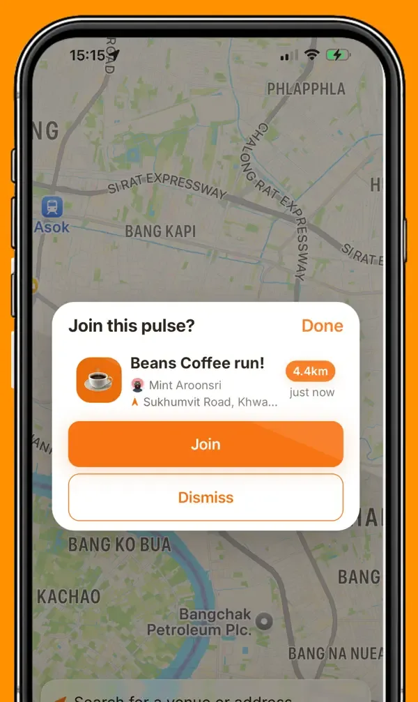 Waarp Now on an iPhone: a map of Bangkok with a coffee run 4.4km away, and a Join button.